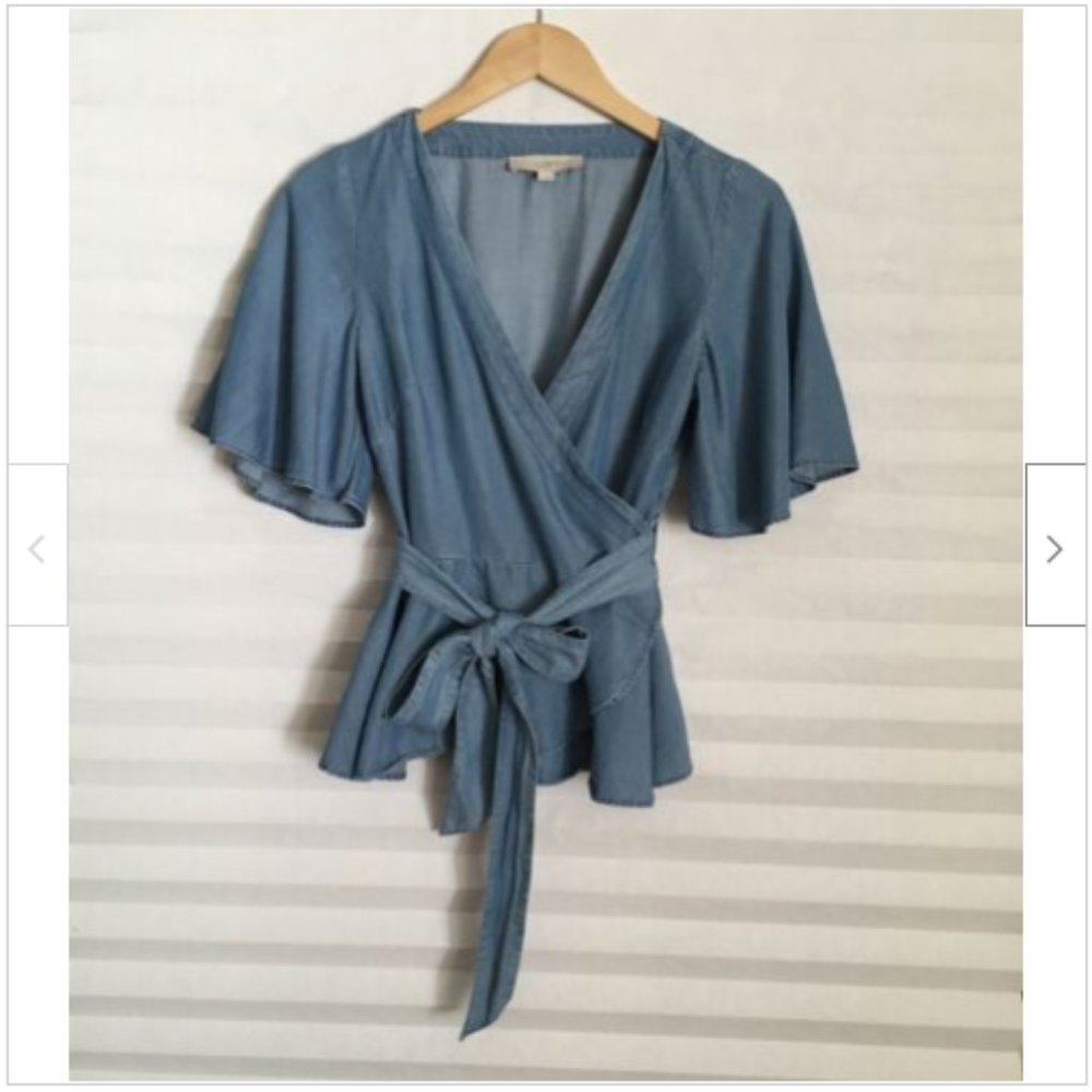 LOFT Women's Chambray Wrap‎ Short Flutter Sleeved Top Belt